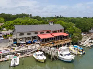 Aerial view of Drunken Jack's restaurant and docks on the Murrells Inlet waterfront