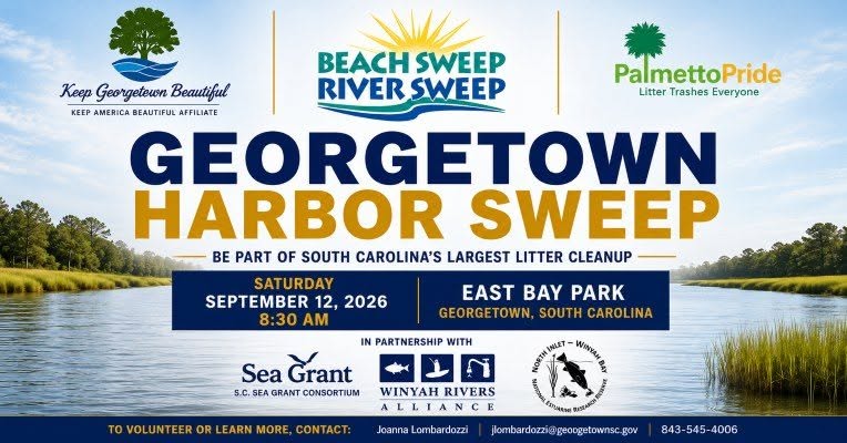 Georgetown Harbor Sweep flyer: volunteer litter cleanup at East Bay Park, Georgetown, Saturday September 12, 2026 at 8:30 AM