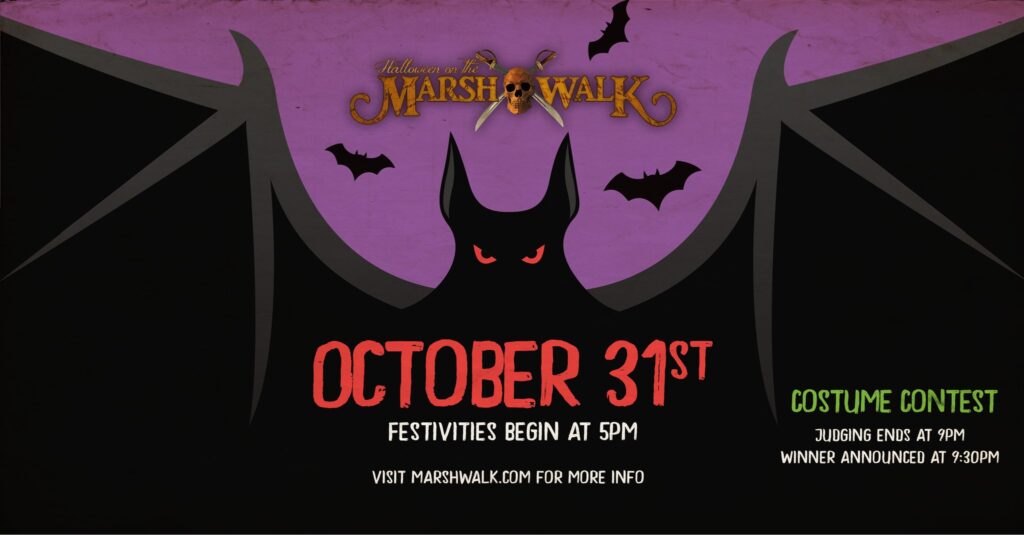 Halloween on the MarshWalk graphic: October 31st, festivities begin at 5 PM, with a costume contest