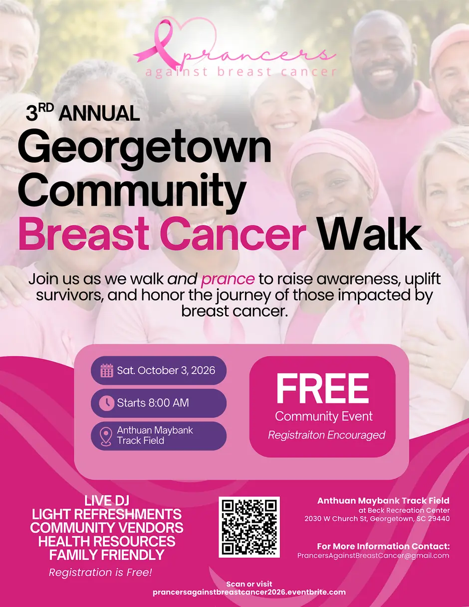 Flyer for the 3rd Annual Georgetown Community Breast Cancer Walk by Prancers Against Breast Cancer, Saturday October 3, 2026