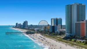 Myrtle Beach oceanfront with the SkyWheel in the distance